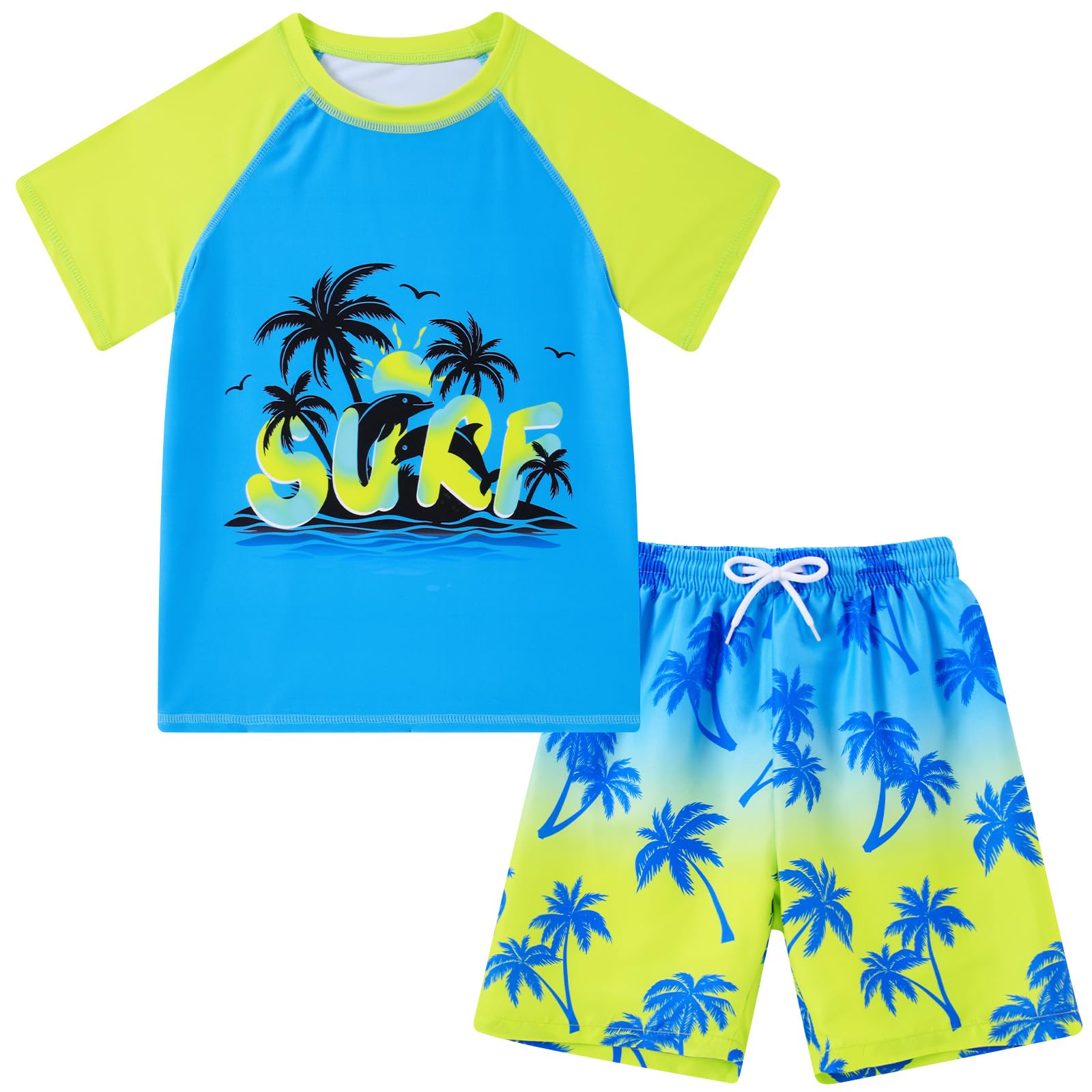 Boys blue Hawaiian tropical swimwear set with printed shirt and matching trunks for swimming and vacations.