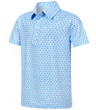 Boys light blue printed polo shirt with small all-over geometric graphics, short sleeves and a classic polo collar.