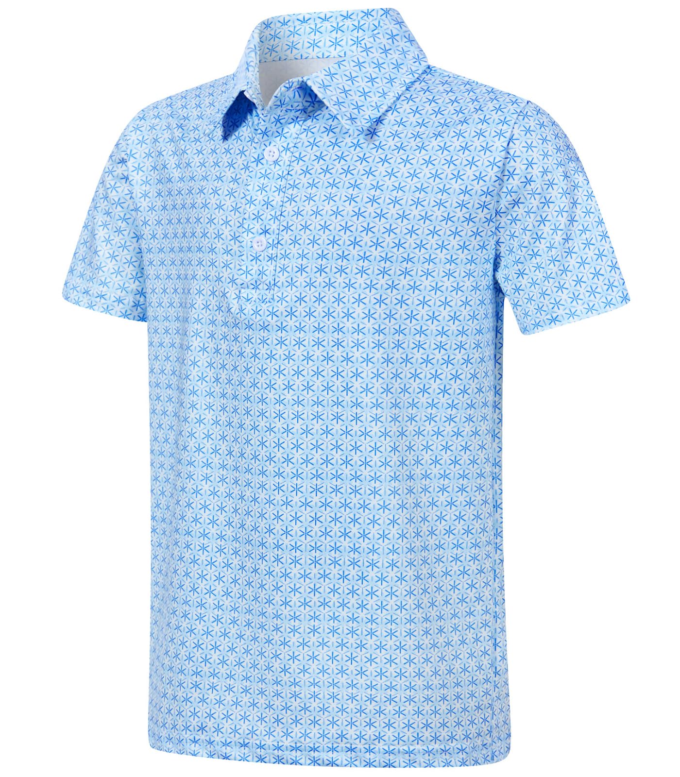 Boys light blue printed polo shirt with small all-over geometric graphics, short sleeves and a classic polo collar.