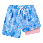 Boys blue leaf print swim trunks with quick dry fabric and comfortable fit for summer activities.