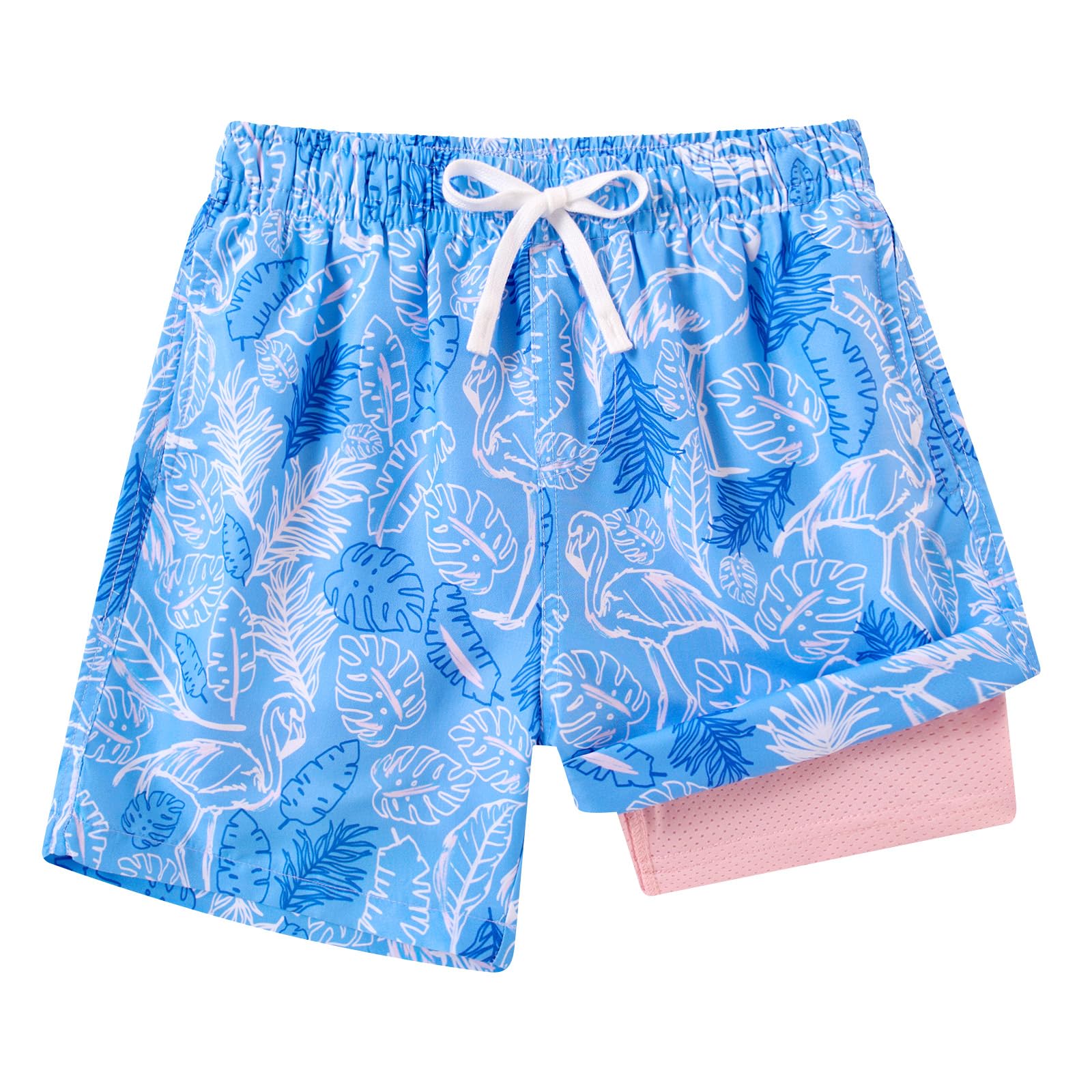 Boys blue leaf print swim trunks with quick dry fabric and comfortable fit for summer activities.