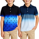 Boys blue navy gradient polo shirt featuring modern color block style, comfortable casual shirt for kids.