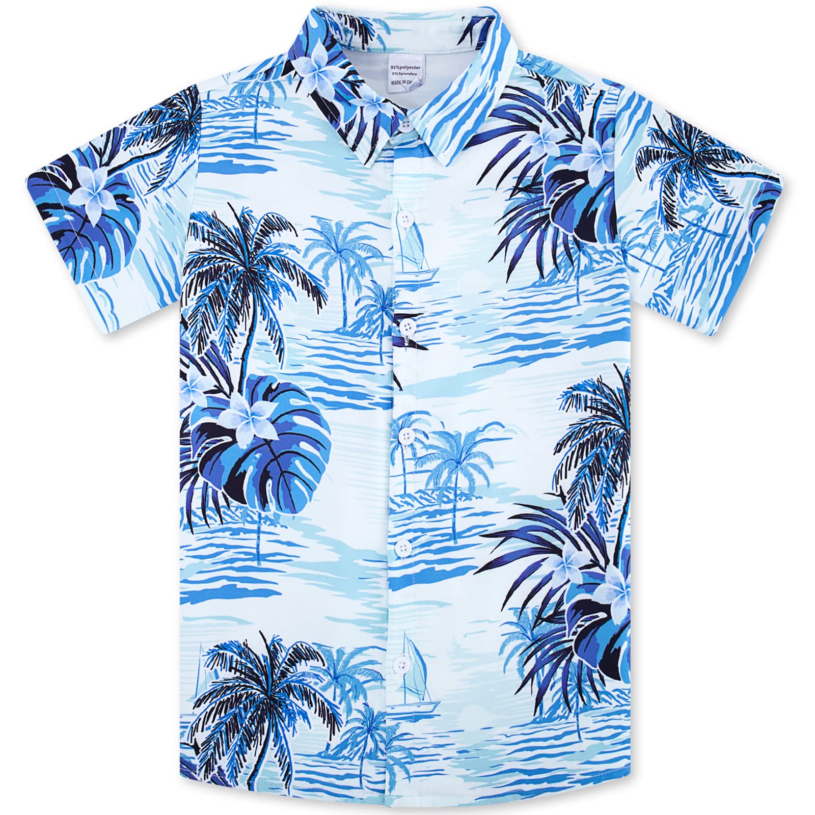 Boys light blue palm tree print short sleeve button-down shirt with classic collar, a casual summer top for vacations and everyday wear.