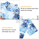 Close-up of boys blue palm tree short sleeve shirt showing the lightweight printed fabric, sleeve construction and stitching details.