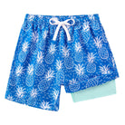 Boys blue pineapple print swim trunks with quick dry fabric and built-in liner for summer adventures.