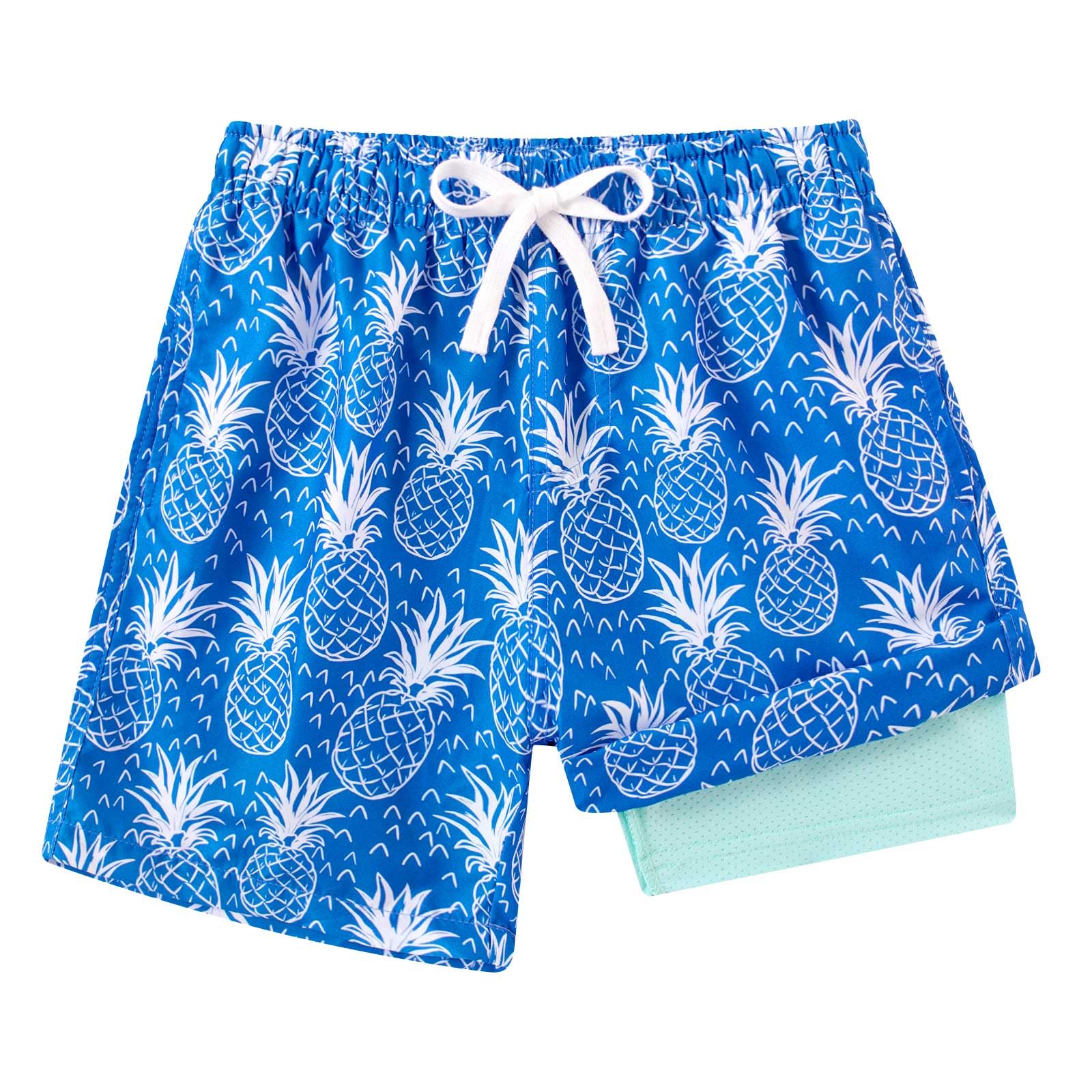 Boys blue pineapple print swim trunks with quick dry fabric and built-in liner for summer adventures.