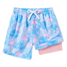 Boys blue pink flamingo swim shorts with playful tropical print and comfortable liner design.