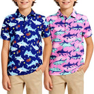 Boys blue pink shark print polo shirt with fun ocean inspired design, soft stretch top for summer activities.