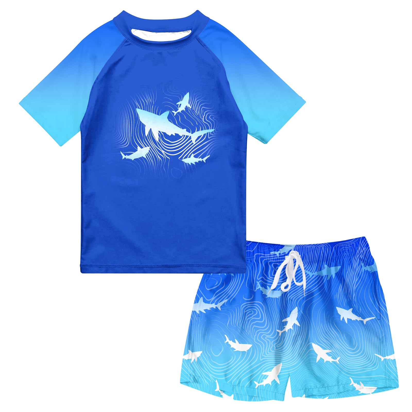 Boys Blue Shark two-piece swim set with short sleeve shark graphic rash guard and coordinating blue swim trunks.