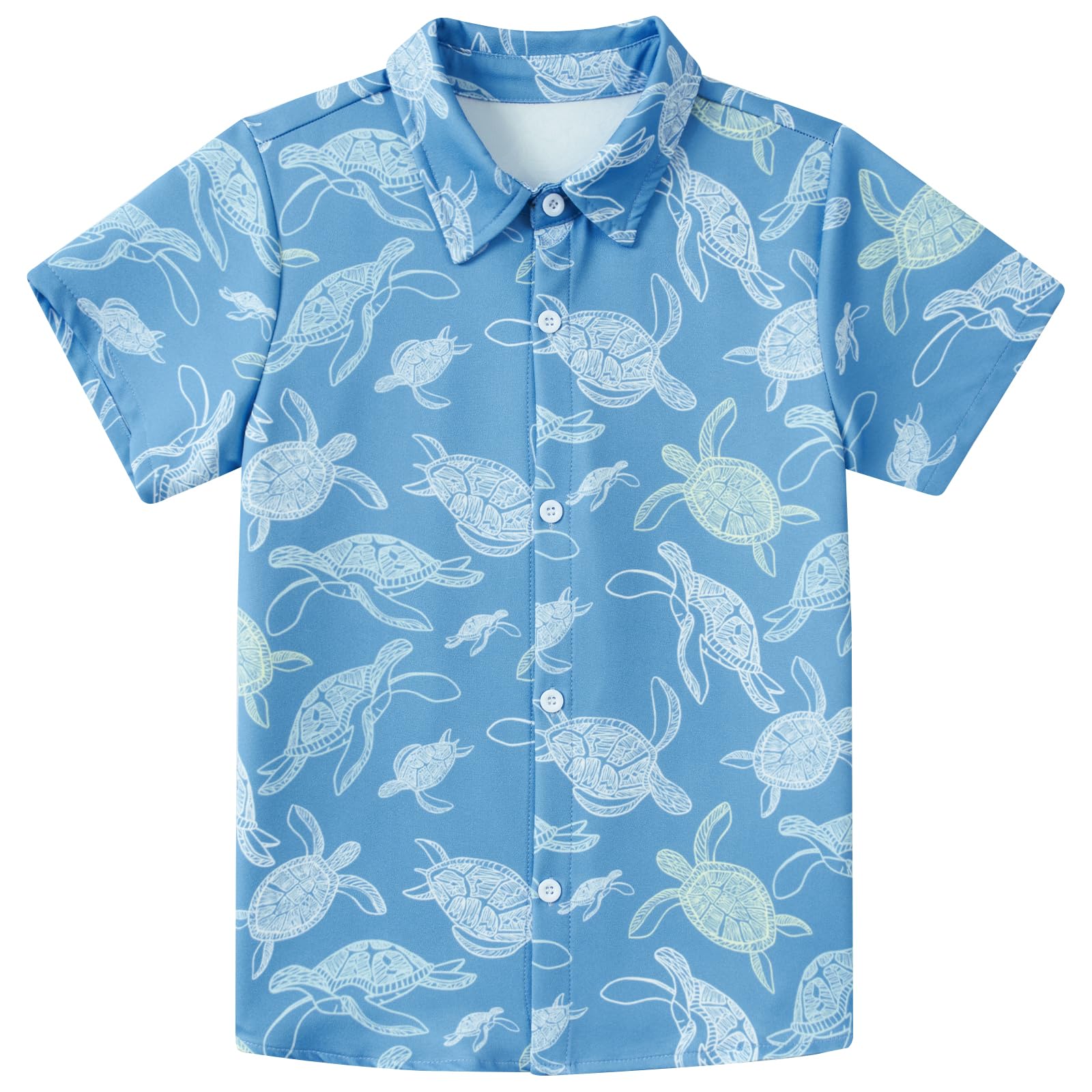 Boys light blue turtle print short sleeve button-down shirt with classic collar, designed for casual summer and vacation wear.