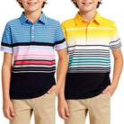 Boys blue yellow stripe polo shirt with short sleeves and color block design, comfortable stretch top for school and casual wear.