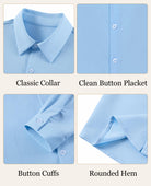 Close up details of boys button down shirt showing classic collar, button front closure, adjustable cuffs and lightweight fabric design.