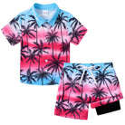 Boys Candy Palm Hawaiian shirt and swim shorts set with colorful palm print, cute summer vacation outfit for kids.