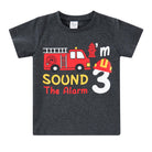 Boys car number 3 birthday shirt with vehicle graphic design, comfortable short sleeve tee for kids.