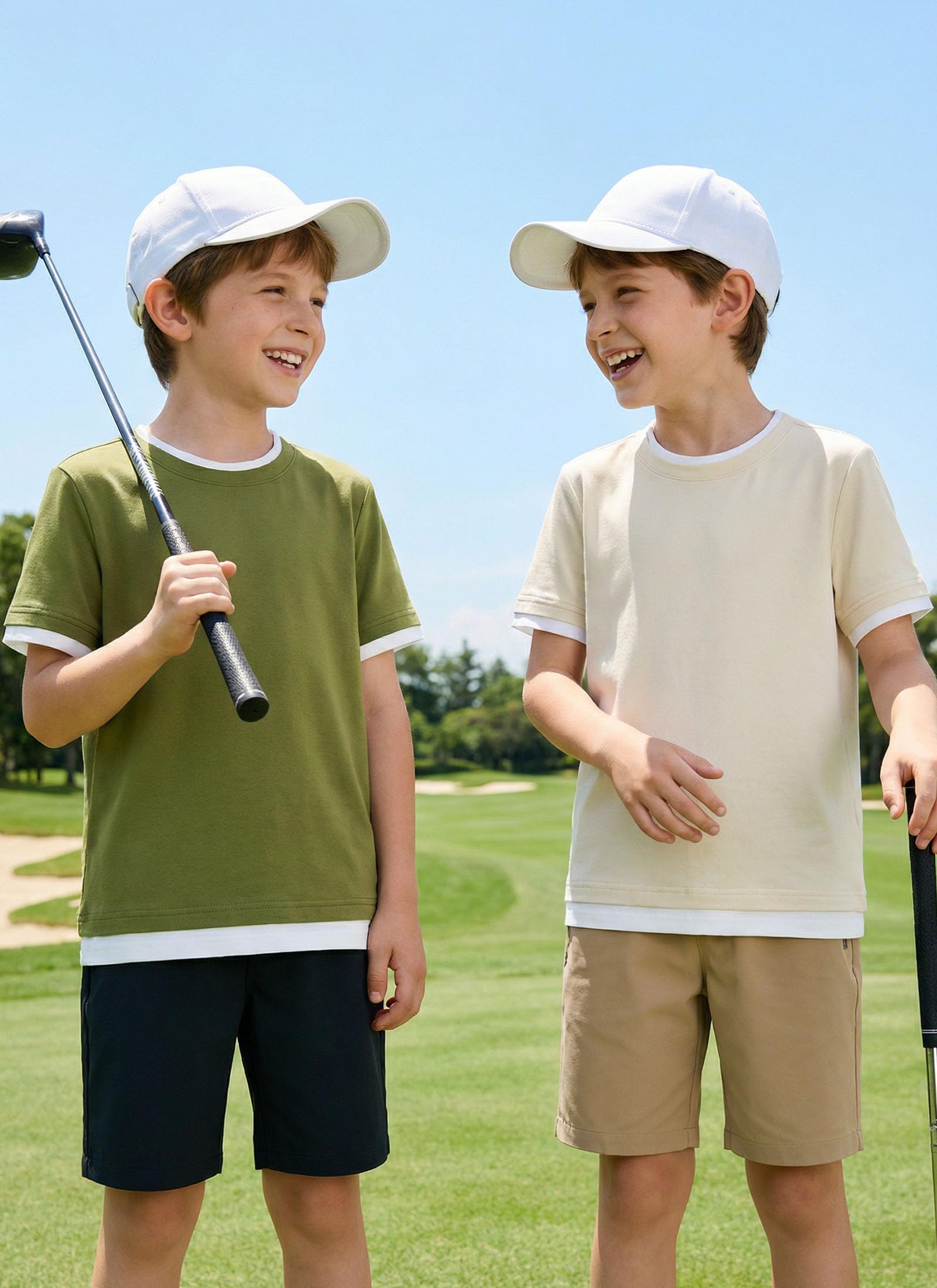 Boys wearing color block short sleeve T shirts during outdoor activities, comfortable casual outfits for summer days.