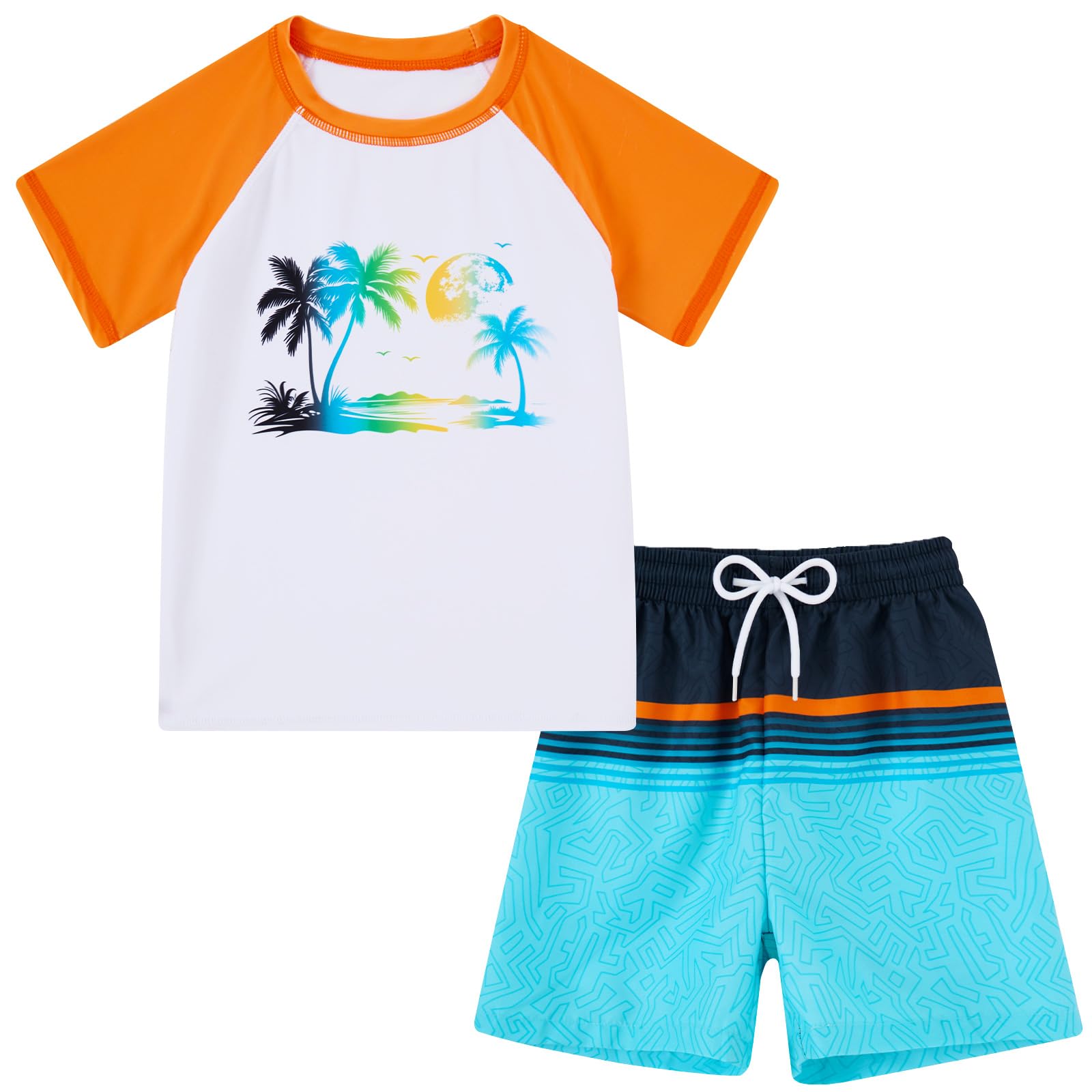 Boys colorful Hawaiian printed swim set with short sleeve shirt and swim trunks, vibrant kids beachwear.