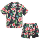 Boys Crimson Hibiscus Hawaiian shirt and swim shorts set with floral tropical print, stylish summer clothing for kids.