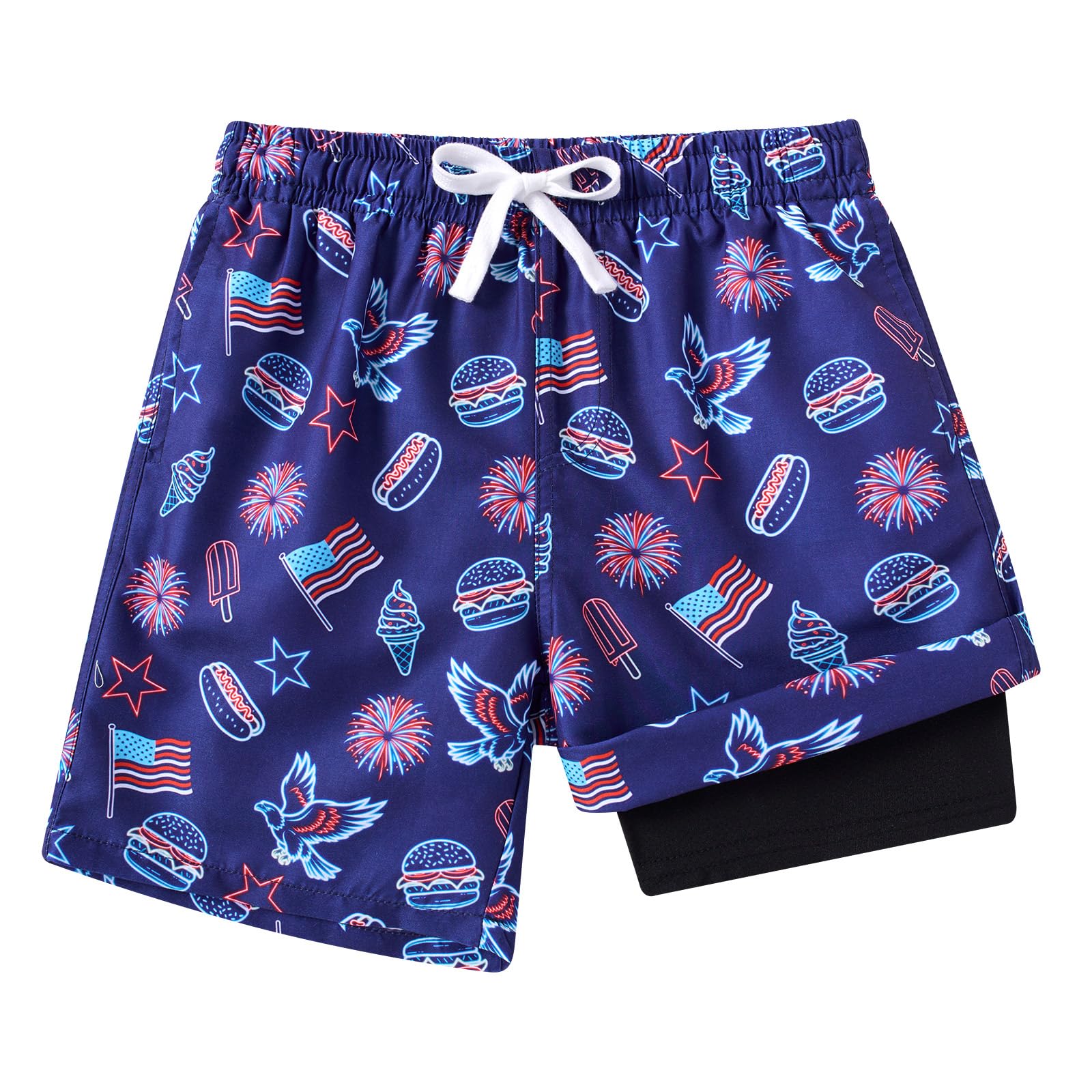 Boys deep blue swim trunks with comfortable liner and drawstring waist, suitable for swimming and beach activities.