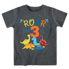 Boys dinosaur number 3 birthday T shirt with fun dinosaur graphic, soft cotton top for birthday parties and play.