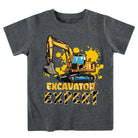 Boys excavator expert graphic T shirt with construction theme print, soft comfortable top for young kids.