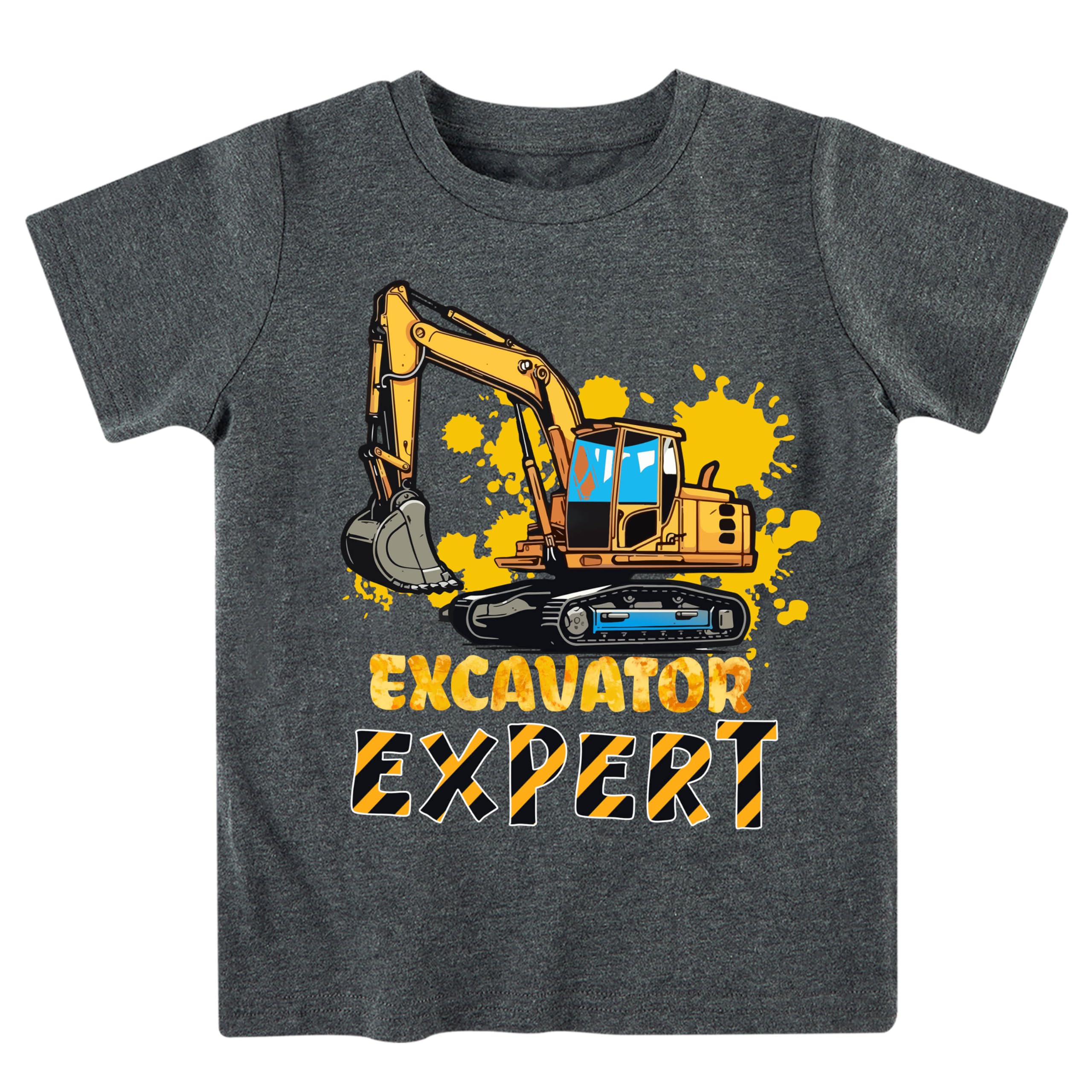 Boys excavator expert graphic T shirt with construction theme print, soft comfortable top for young kids.