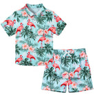Boys Flamingo Breeze tropical shirt and swim shorts set with colorful flamingo print, ideal for beach trips and summer holidays.