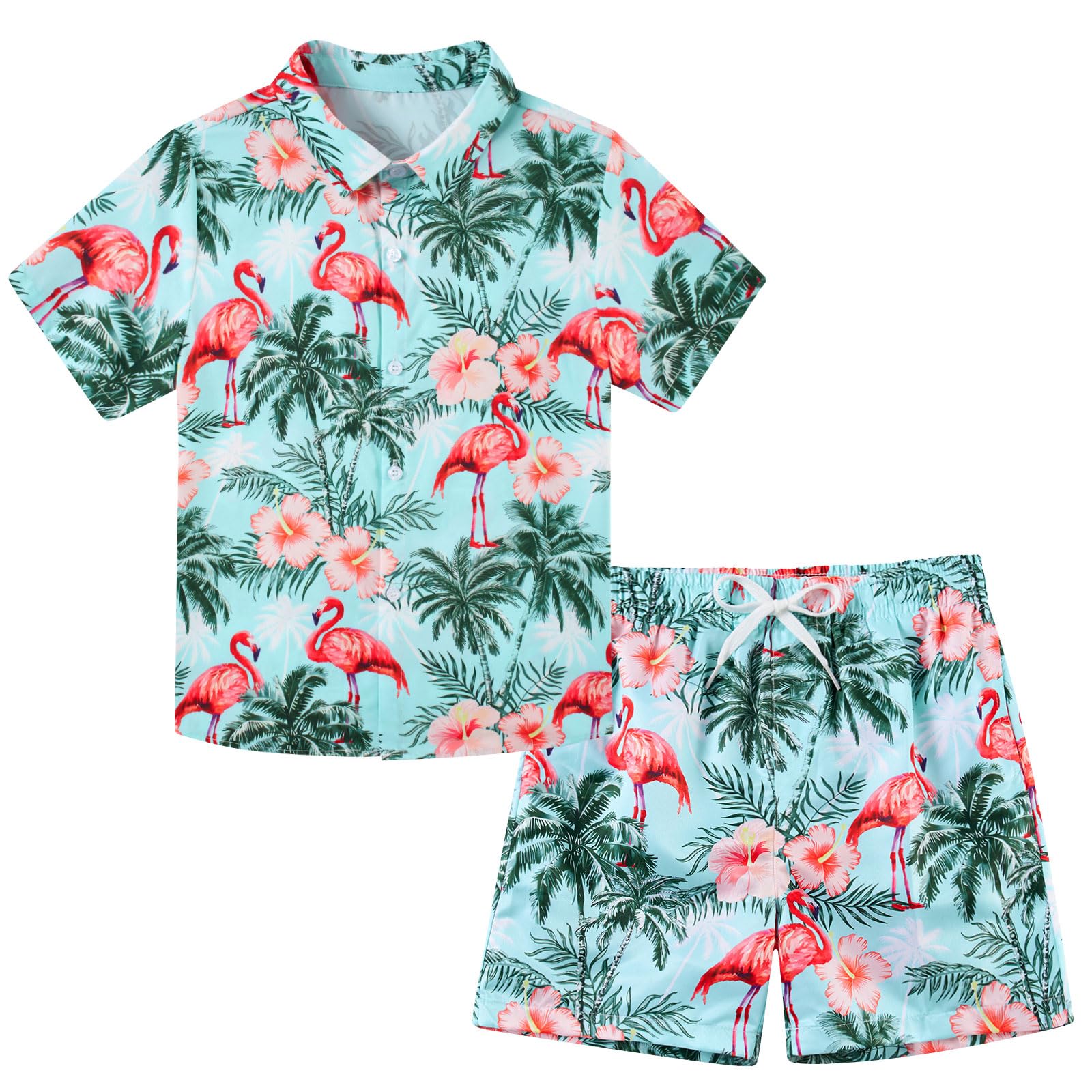 Boys Flamingo Breeze tropical shirt and swim shorts set with colorful flamingo print, ideal for beach trips and summer holidays.
