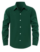 Boys forest green long sleeve dress shirt with wrinkle resistant fabric, perfect for smart casual and holiday outfits.