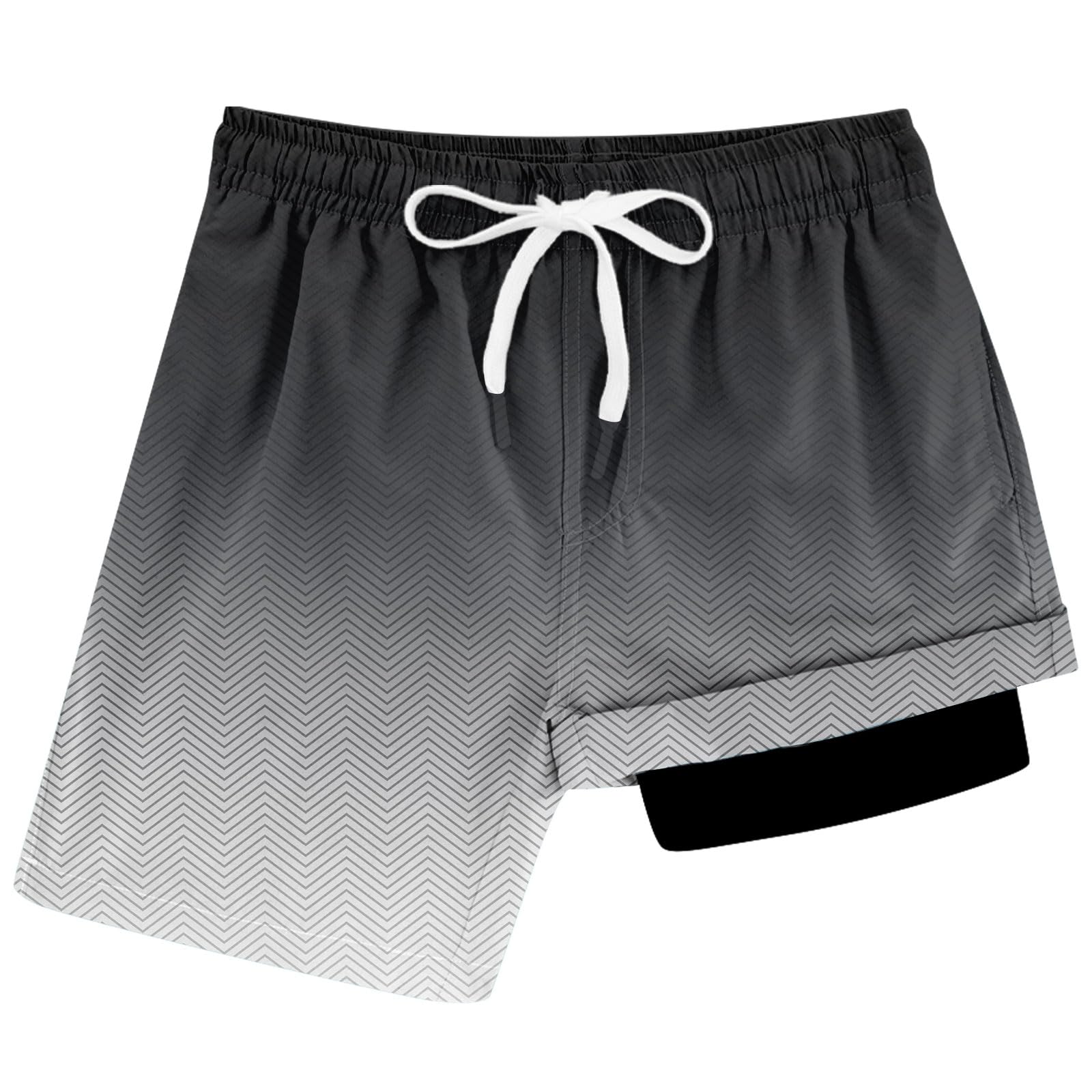 Boys gradient black swim trunks with drawstring waist and compression liner, stylish beach shorts for kids.