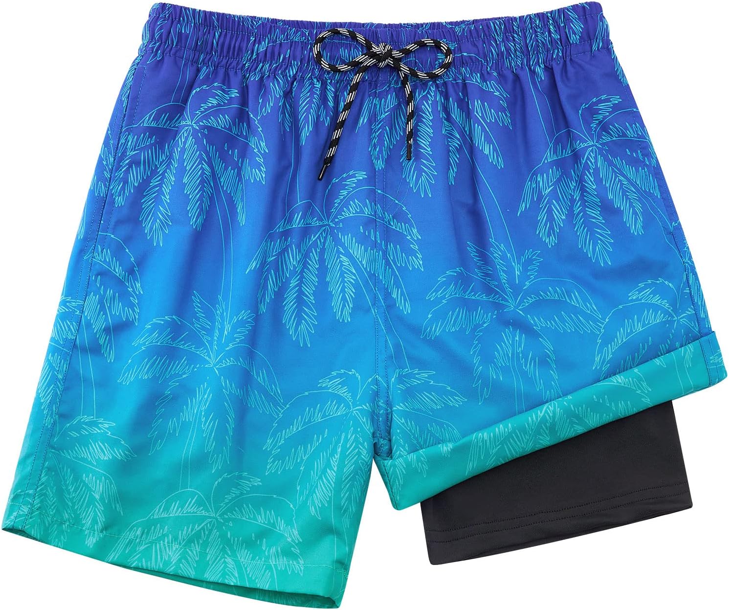 blue gradient boys quick dry swim trunks with mesh lining and adjustable drawstring waistband