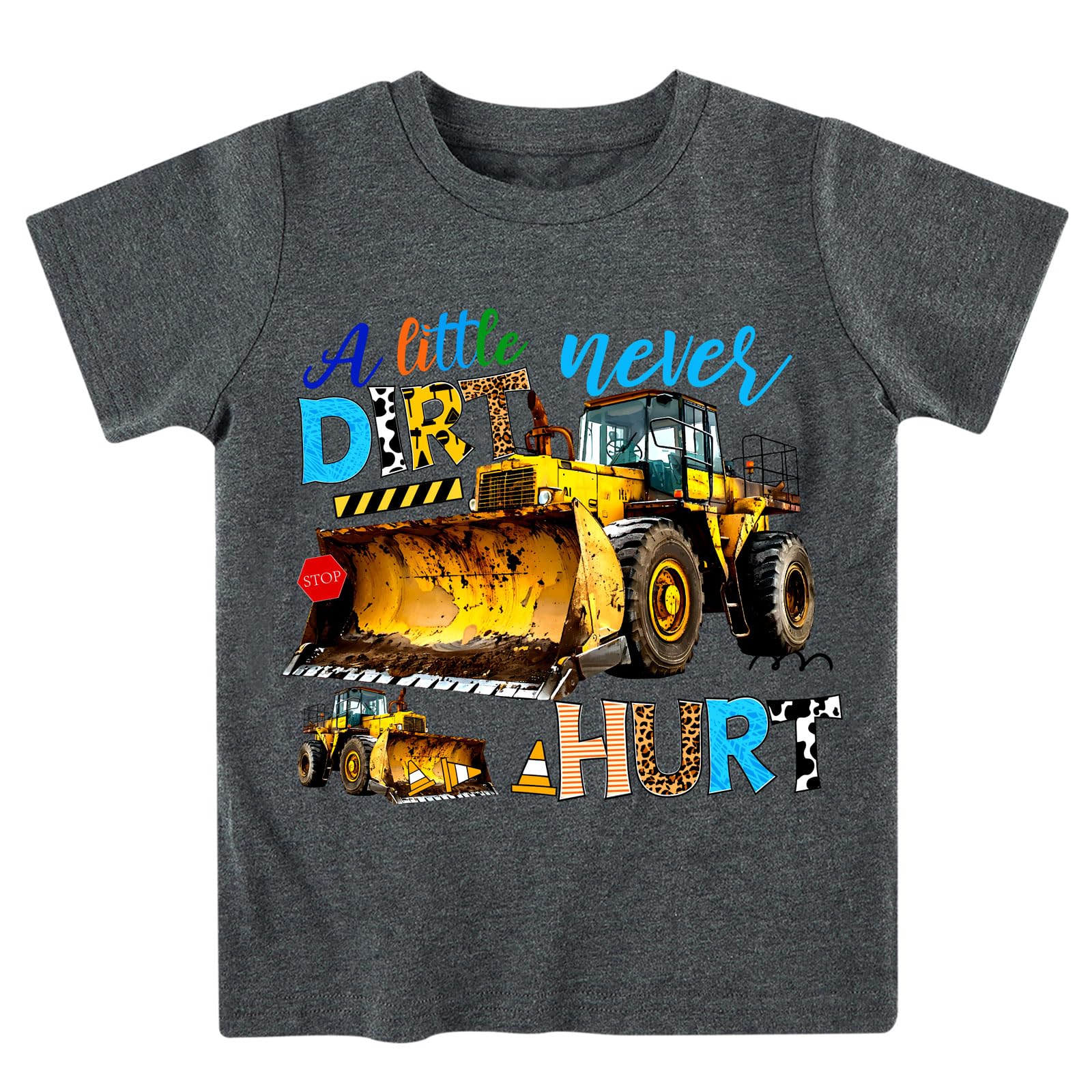 Boys gray bulldozer graphic shirt with construction vehicle design, playful kids top for daily outfits.