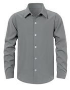 Boys gray button down shirt with long sleeves and comfortable stretch material for school and formal occasions.