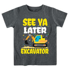 Boys gray excavator graphic T shirt featuring construction vehicle print, comfortable short sleeve top for kids.