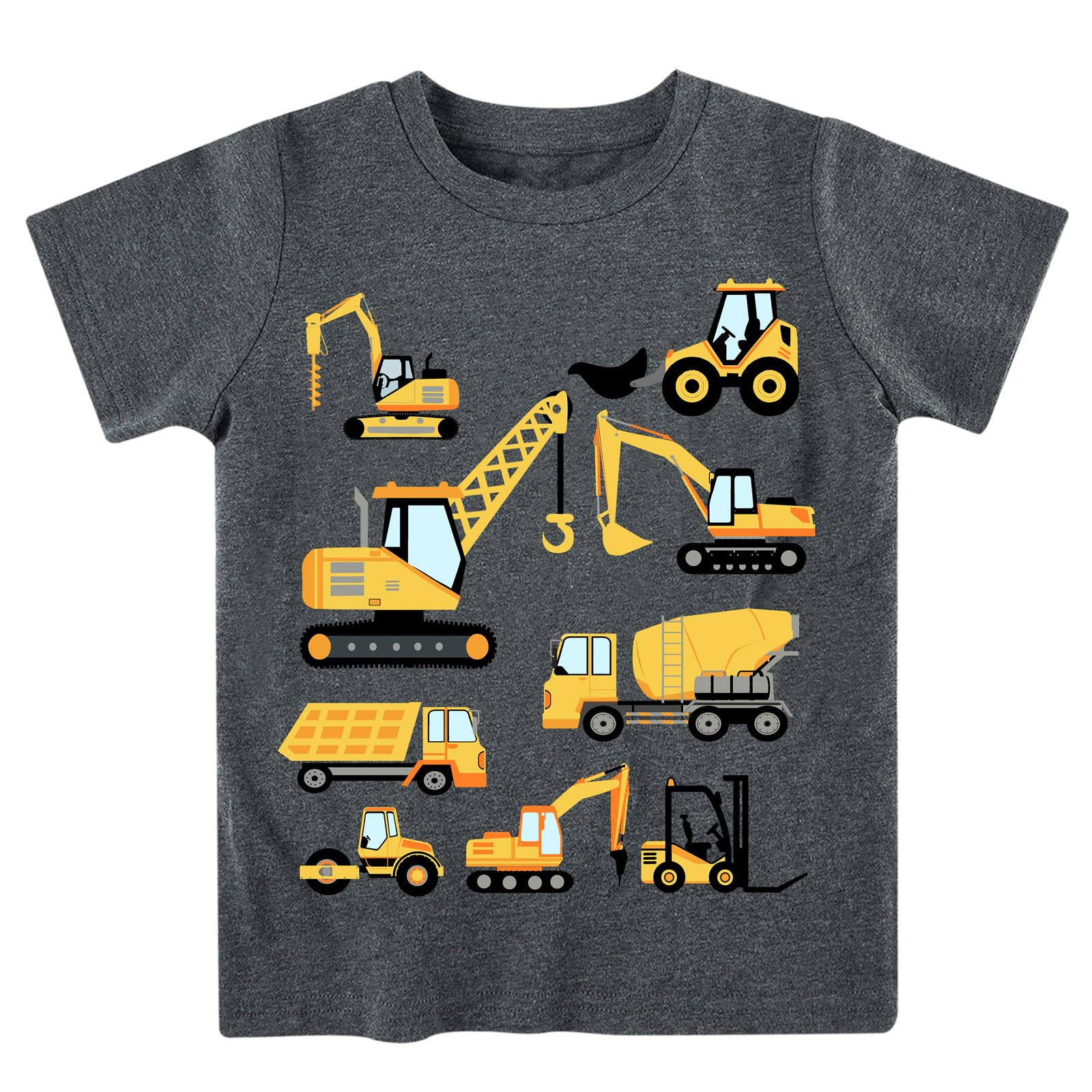 Boys gray excavator graphic T shirt featuring construction vehicle print, soft casual top for everyday wear.