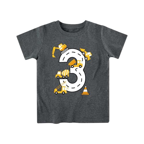 Boys gray birthday graphic T shirt with number 3 dinosaur design, soft cotton short sleeve tee for birthday parties and everyday wear.