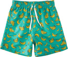 boys green banana print swim trunks with quick dry fabric and adjustable drawstring waist