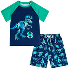 Boys green dinosaur print swimwear set with matching shorts, playful kids swimsuit for pool and beach days.