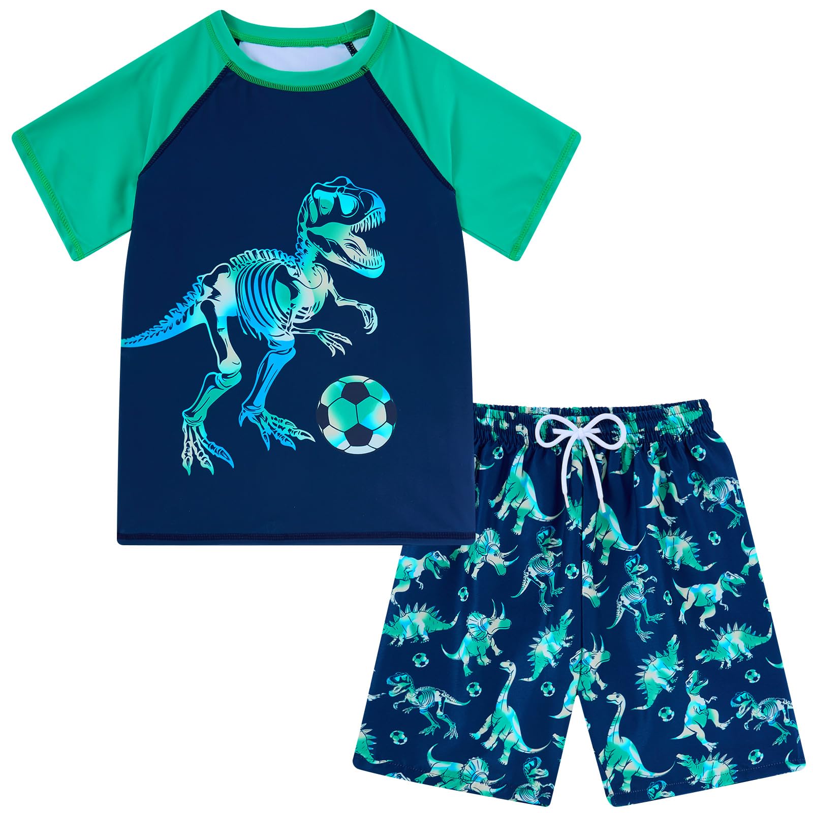 Boys green dinosaur print swimwear set with matching shorts, playful kids swimsuit for pool and beach days.