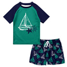 Boys Green Sailboat swim set with dark green short sleeve rash guard, sailboat graphic and coordinating printed swim trunks.