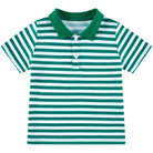 Boys green striped polo shirt with short sleeves and classic collar design, comfortable casual shirt for kids.