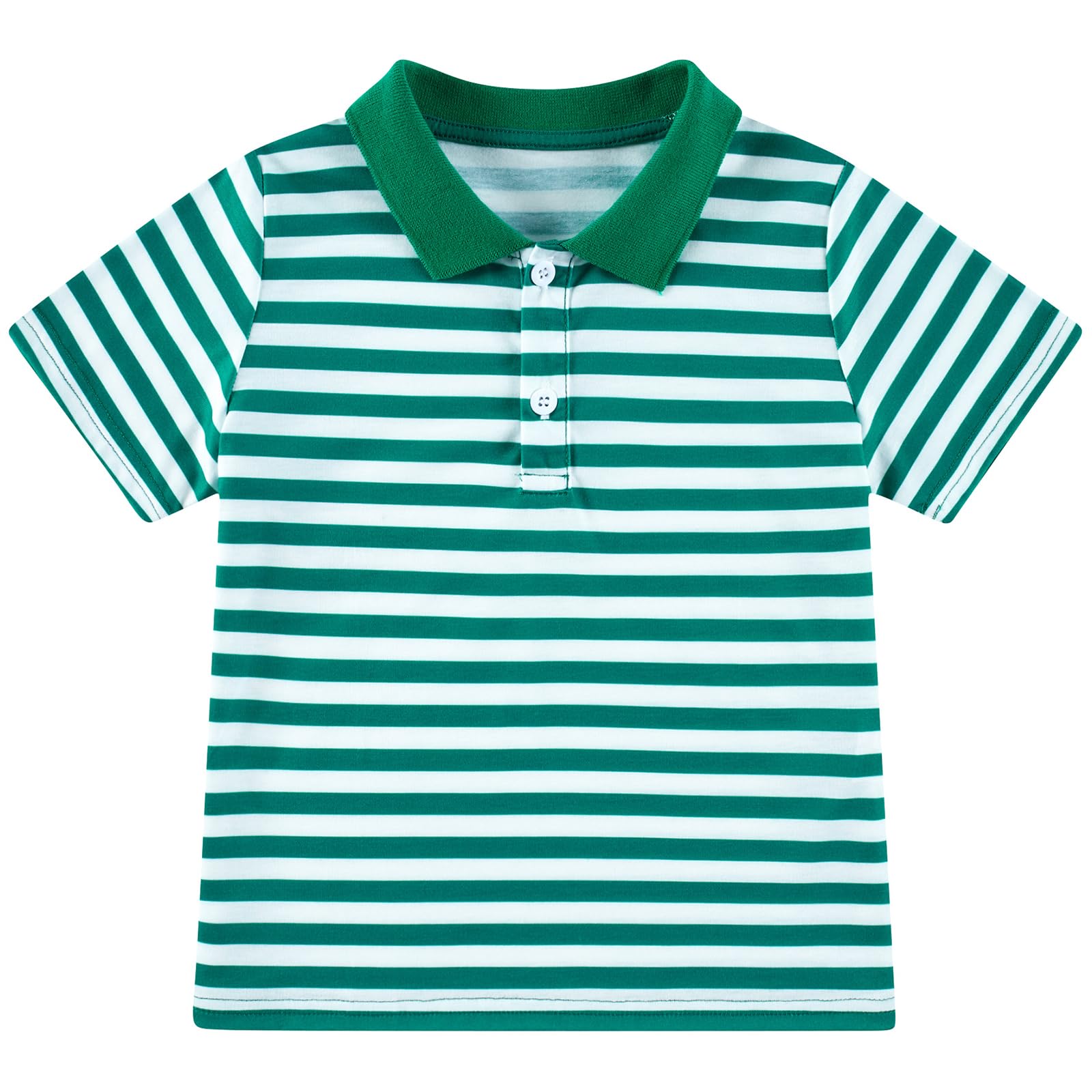 Boys green striped polo shirt with short sleeves and classic collar design, comfortable casual shirt for kids.