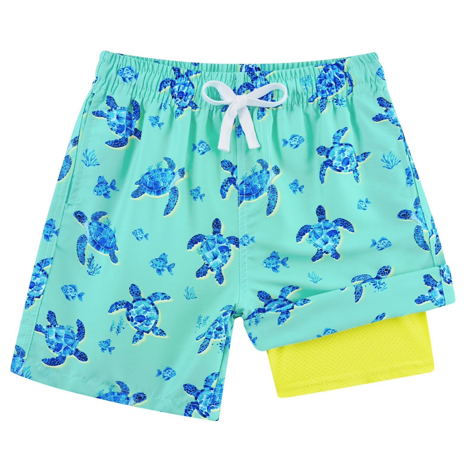 Boys green turtle printed swim trunks with lightweight fabric and comfortable fit for beach and pool days.