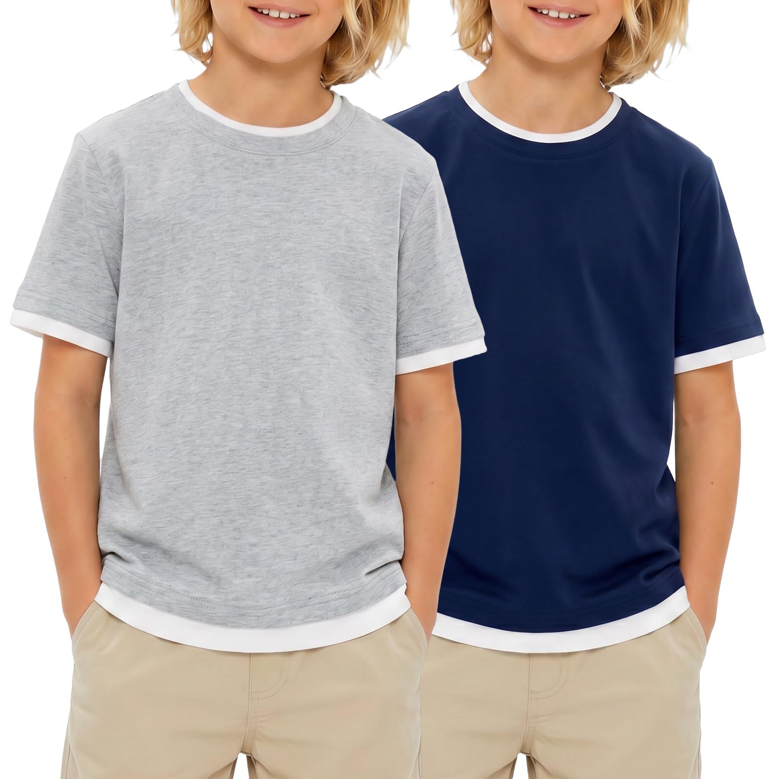 Boys grey and navy color block T shirt set with soft stretch fabric, casual tops for school and everyday wear.