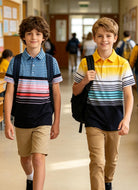 Two boys wearing matching color block polo shirts, stylish casual outfits for school, outdoor activities and family occasions.