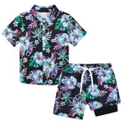 Boys midnight tropical Hawaiian shirt and matching swim shorts set with palm print design, lightweight summer outfit for beach vacations.