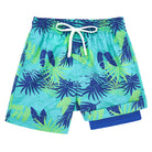 Boys mint palm tree beach shorts with tropical print design, perfect for swimming and vacation activities.