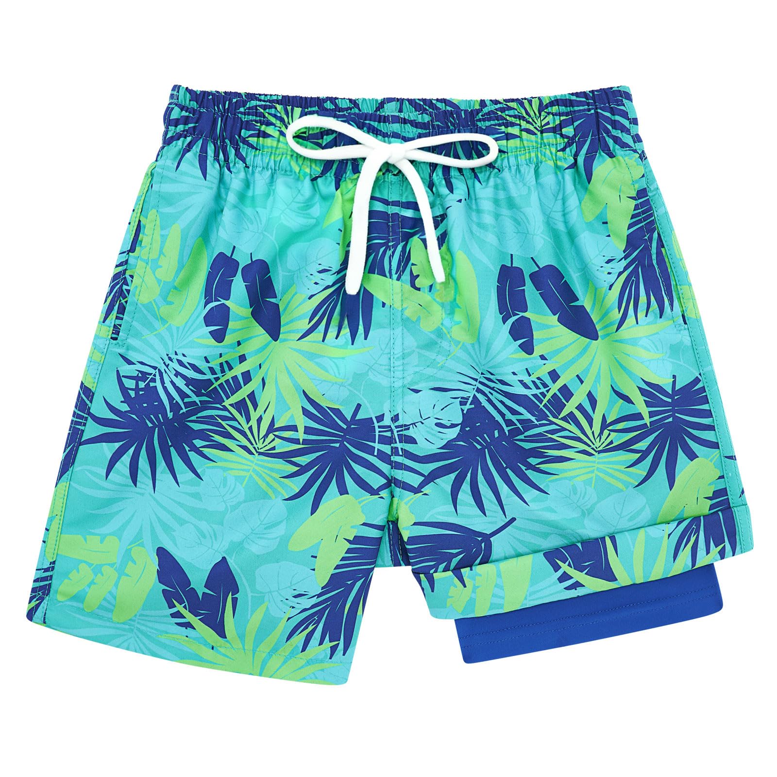 Boys mint palm tree beach shorts with tropical print design, perfect for swimming and vacation activities.