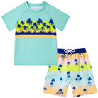 Boys mint palm tree print swimwear set with matching shorts, tropical kids swimsuit for summer holidays.