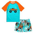 Boys Mountain Bike swim set with colorful short sleeve graphic rash guard and coordinating printed swim trunks.