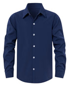 Boys navy blue long sleeve dress shirt with button front and polished style for school, weddings and family occasions.